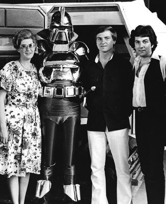 PR representative from Universal, Cylon, me and Mark Peterson, costume supervisor for <i>Battlestar Galactica</i> - 1978